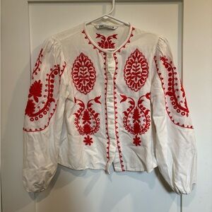 Zara White Button-Front Blouse with Red/Orange Embroidery